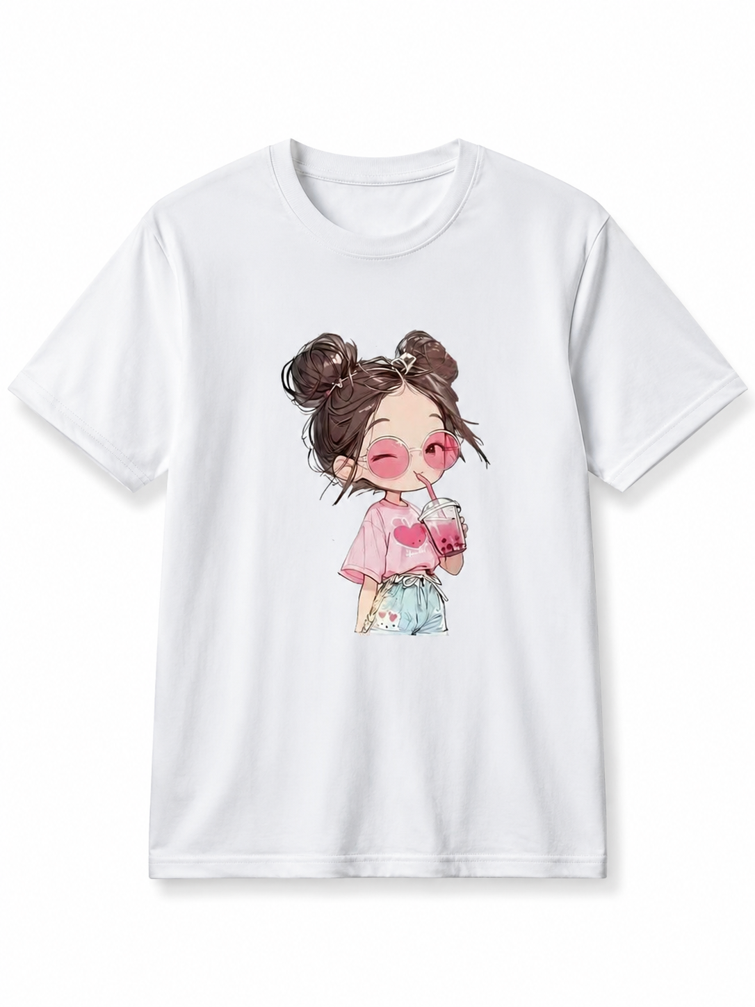 Pink Anime Character Graphic Tee – White