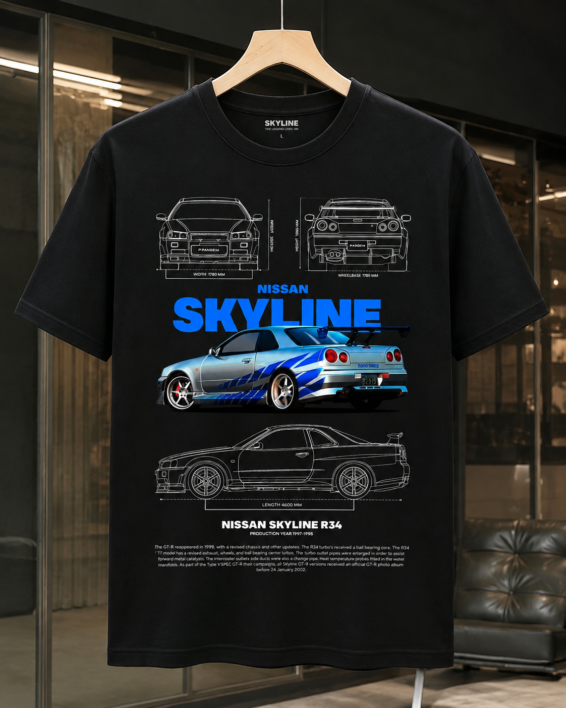 Nissan Skyline R34 Blueprint Graphic Tee – Black